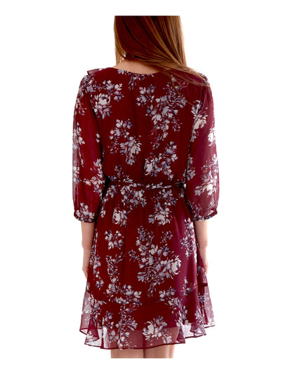 BCX DRESS Womens Burgundy Ruffled Belted Ruched Sheer Floral 3/4 Sleeve V Neck Knee Length Party Hi-Lo Dress XXS