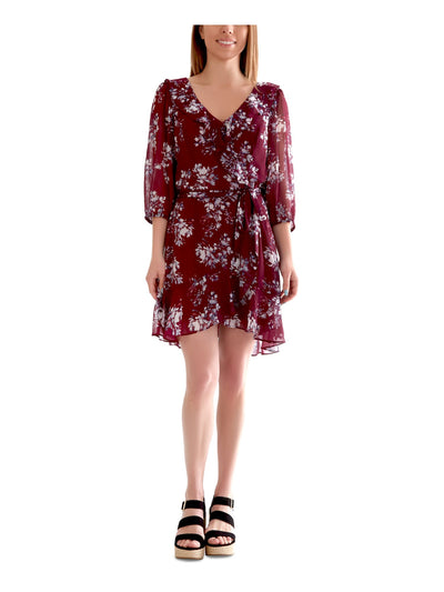 BCX DRESS Womens Burgundy Ruffled Belted Ruched Sheer Floral 3/4 Sleeve V Neck Knee Length Party Hi-Lo Dress XXS
