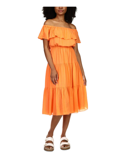 MICHAEL KORS Womens Orange Stretch Flutter Sleeve Off Shoulder Midi Party Peasant Dress S