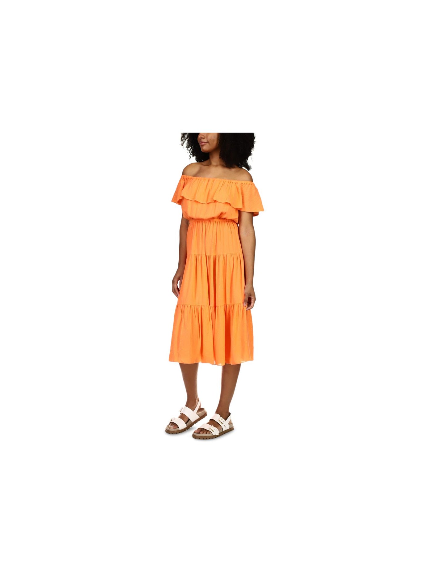 MICHAEL KORS Womens Orange Stretch Flutter Sleeve Off Shoulder Midi Party Peasant Dress S