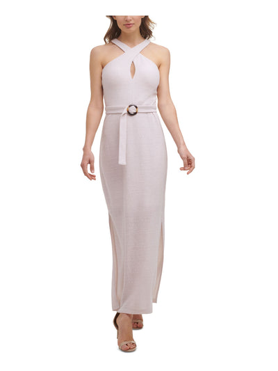 GUESS Womens Beige Textured Zippered Belted Side Slit Sleeveless V Neck Maxi Formal Sheath Dress 12