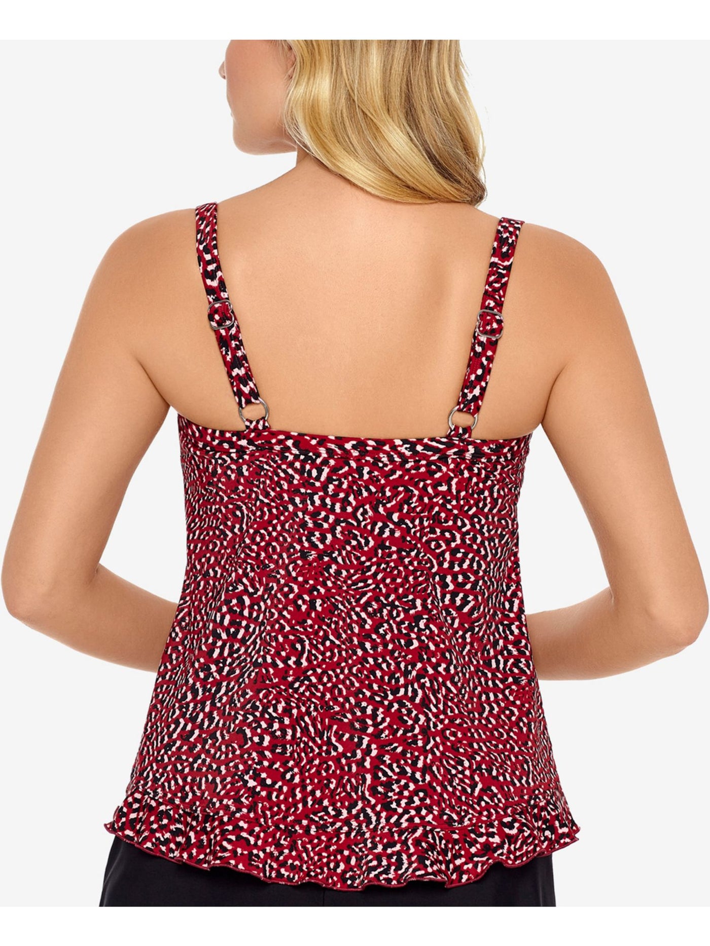 SWIM SOLUTIONS Women's Red Animal Print V-Neck Non-Removable Cups Ruffled Tankini Swimsuit Top 12