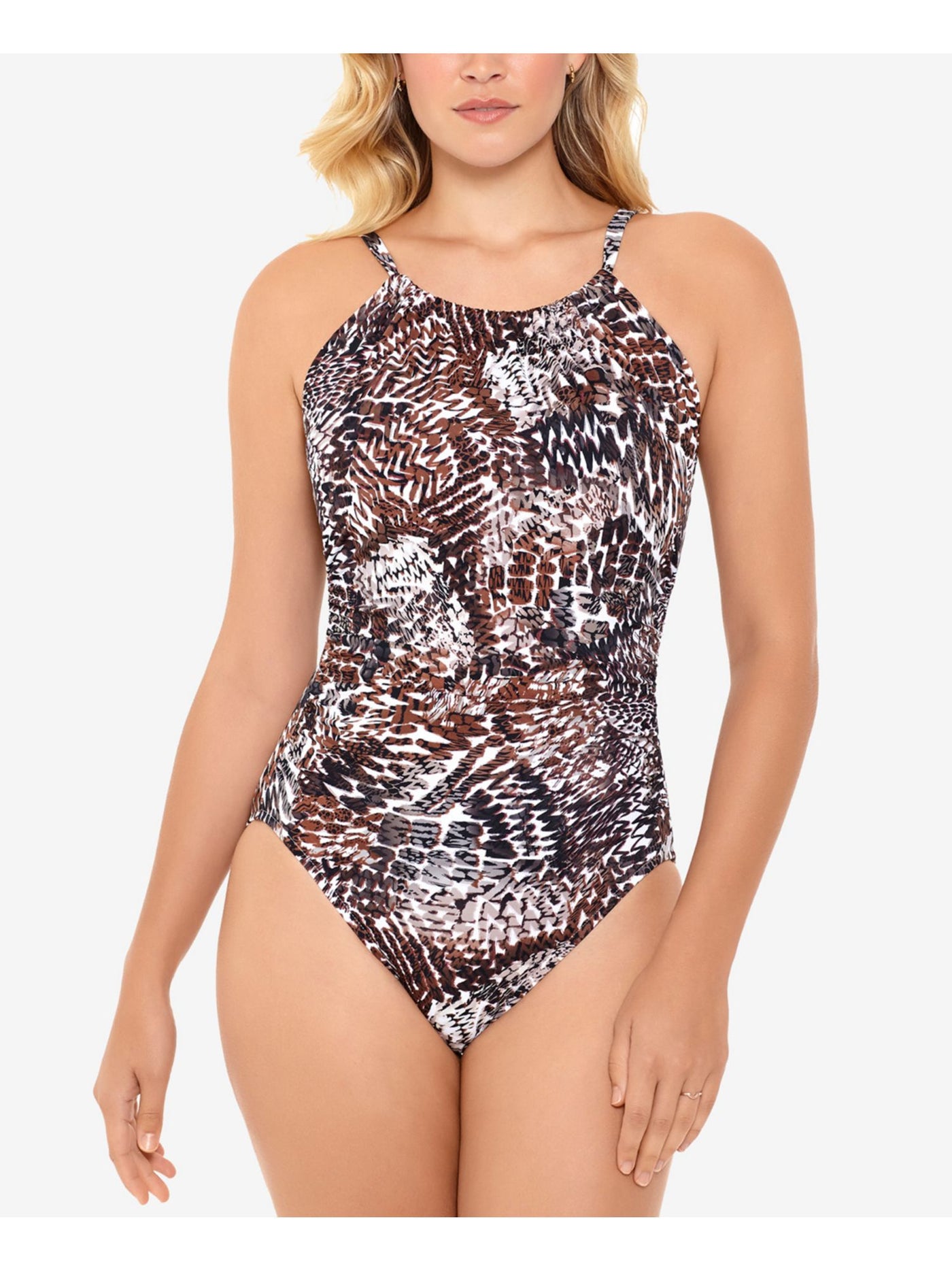 SWIM SOLUTIONS Women's Brown Printed Tummy Control Halter One Piece Swimsuit 10