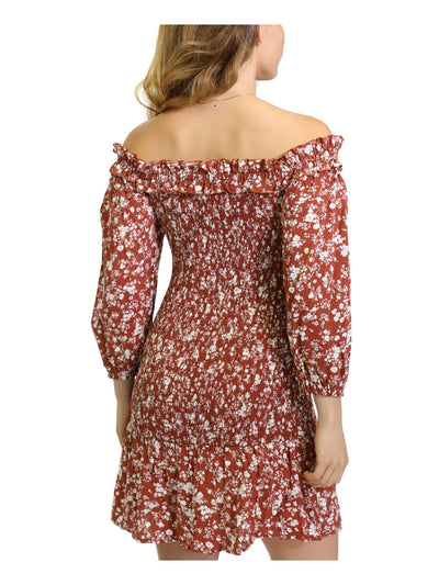KIT + SKY Womens Brown Stretch Smocked Ruffled Floral 3/4 Sleeve Off Shoulder Mini Party Fit + Flare Dress S