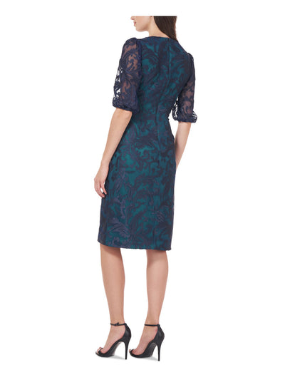 JS COLLECTION Womens Navy Embroidered Zippered Lined Floral Elbow Sleeve V Neck Knee Length Wear To Work Sheath Dress 8