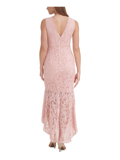 VINCE CAMUTO Womens Pink Lace Zippered Flounce Hi-lo Hem Sleeveless Jewel Neck Maxi Cocktail Sheath Dress 10