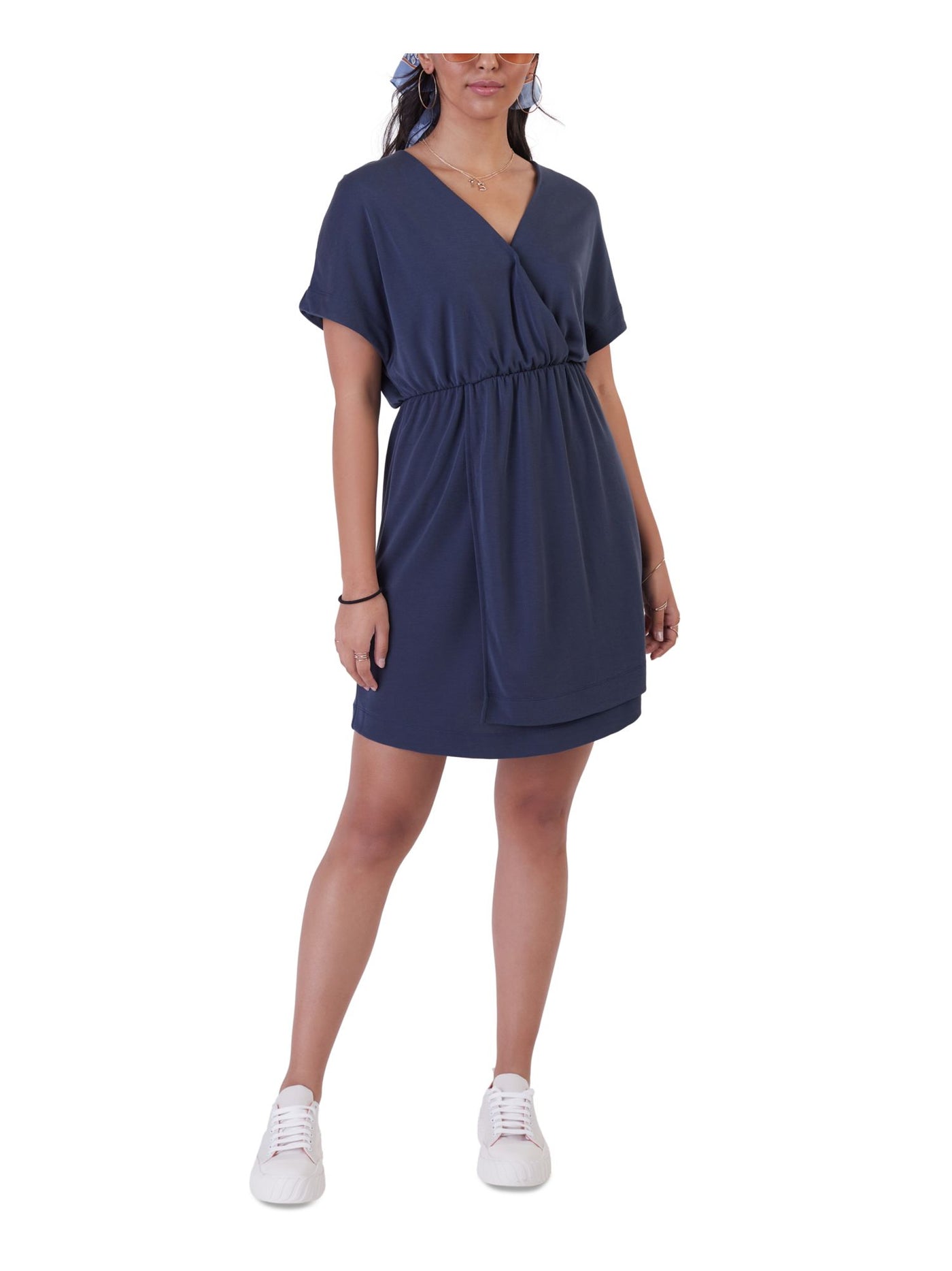 BLACK TAPE Womens Navy Short Sleeve Surplice Neckline Above The Knee Wrap Dress S