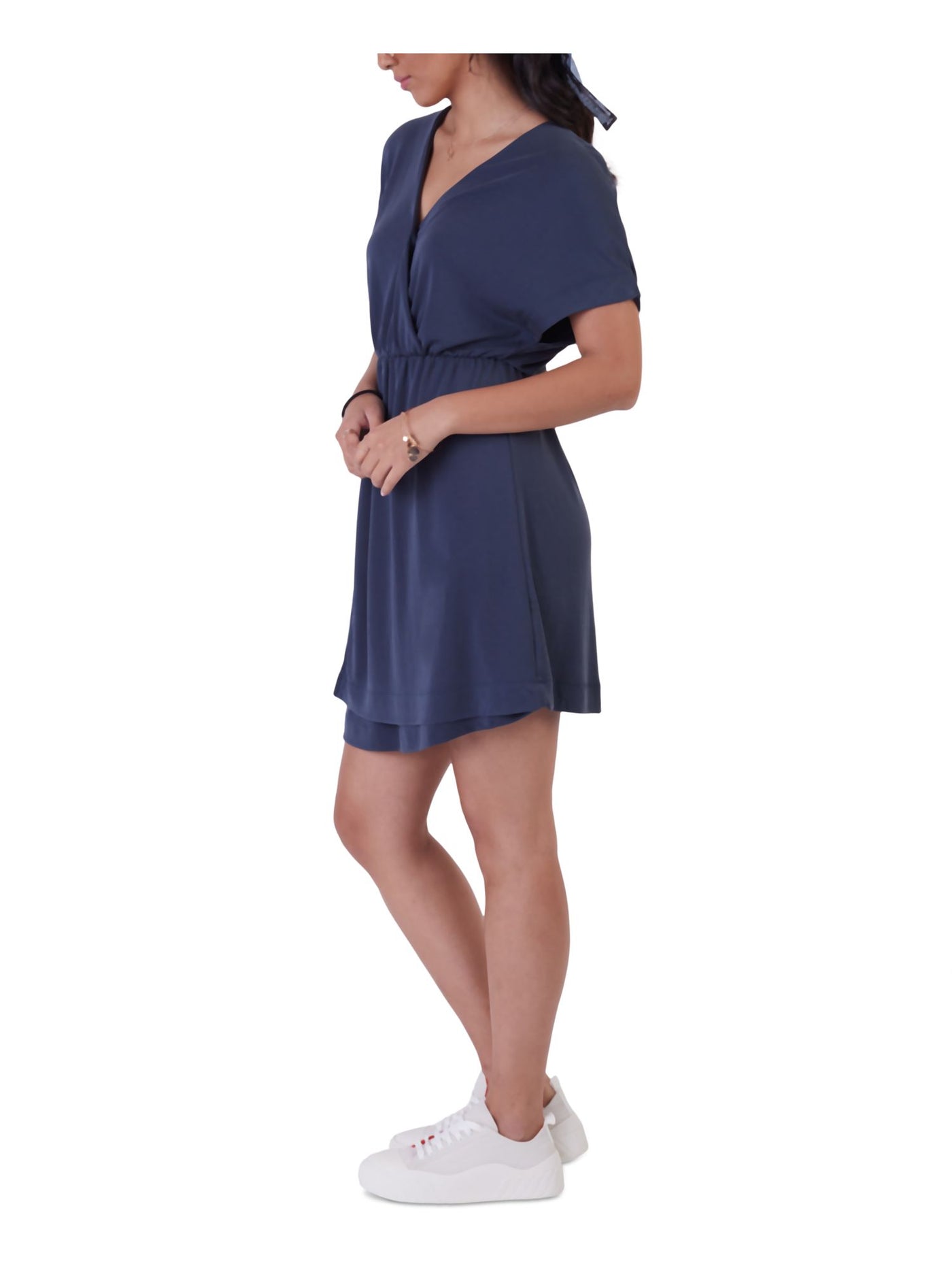 BLACK TAPE Womens Navy Short Sleeve Surplice Neckline Above The Knee Wrap Dress S