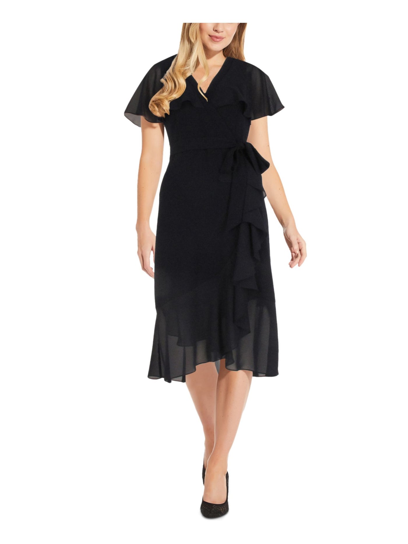 ADRIANNA PAPELL Womens Black Belted Zippered Ruffled Flutter Sleeve Surplice Neckline Below The Knee Wear To Work Faux Wrap Dress 4