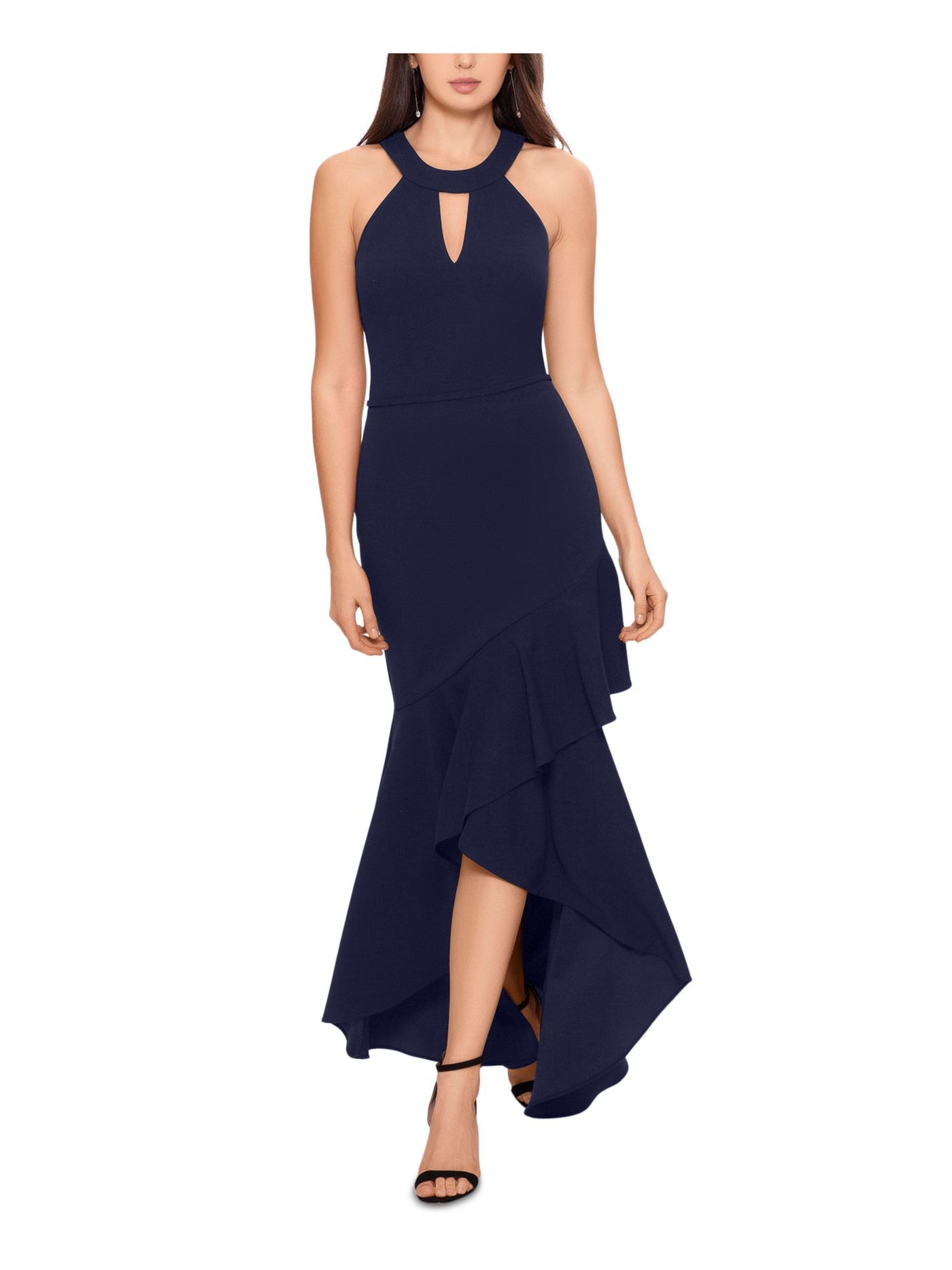 BETSY & ADAM Womens Stretch Zippered Ruffled Keyhole Cutout Mermaid Gown Sleeveless Halter Full-Length Formal Hi-Lo Dress