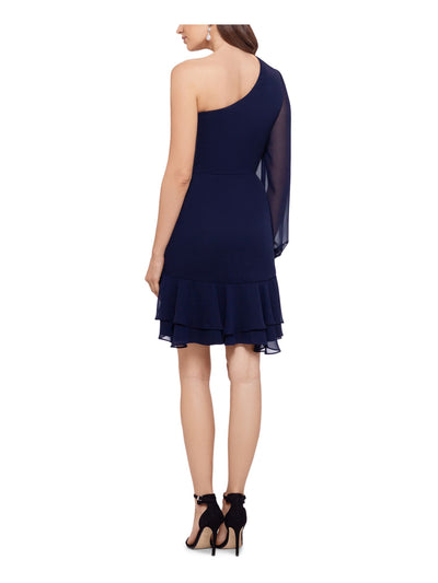 BETSY & ADAM Womens Navy Long Sleeve Asymmetrical Neckline Evening Fit + Flare Dress 6