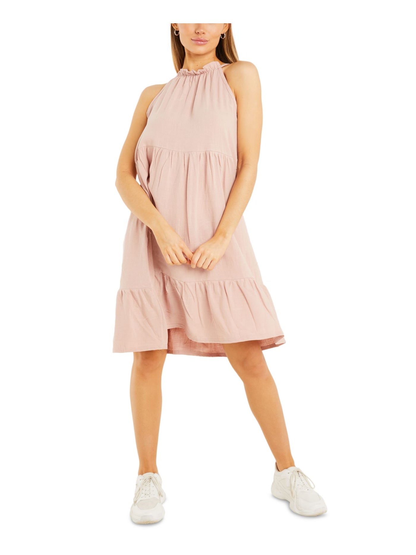 QUIZ Womens Pink Textured Tie Pullover Tiered Sleeveless Halter Above The Knee Shift Dress 8