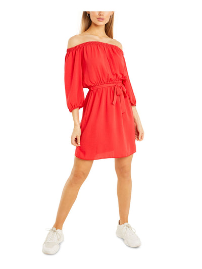 QUIZ Womens Red Ruched Belted Cinched-waist Pullover 3/4 Sleeve Off Shoulder Short Fit + Flare Dress 4