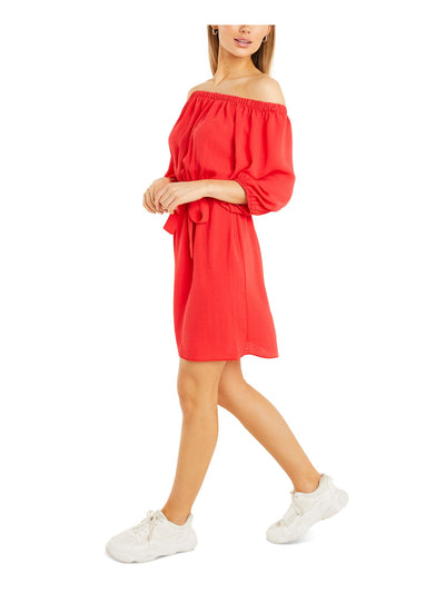 QUIZ Womens Red Ruched Belted Cinched-waist Pullover 3/4 Sleeve Off Shoulder Short Fit + Flare Dress 4