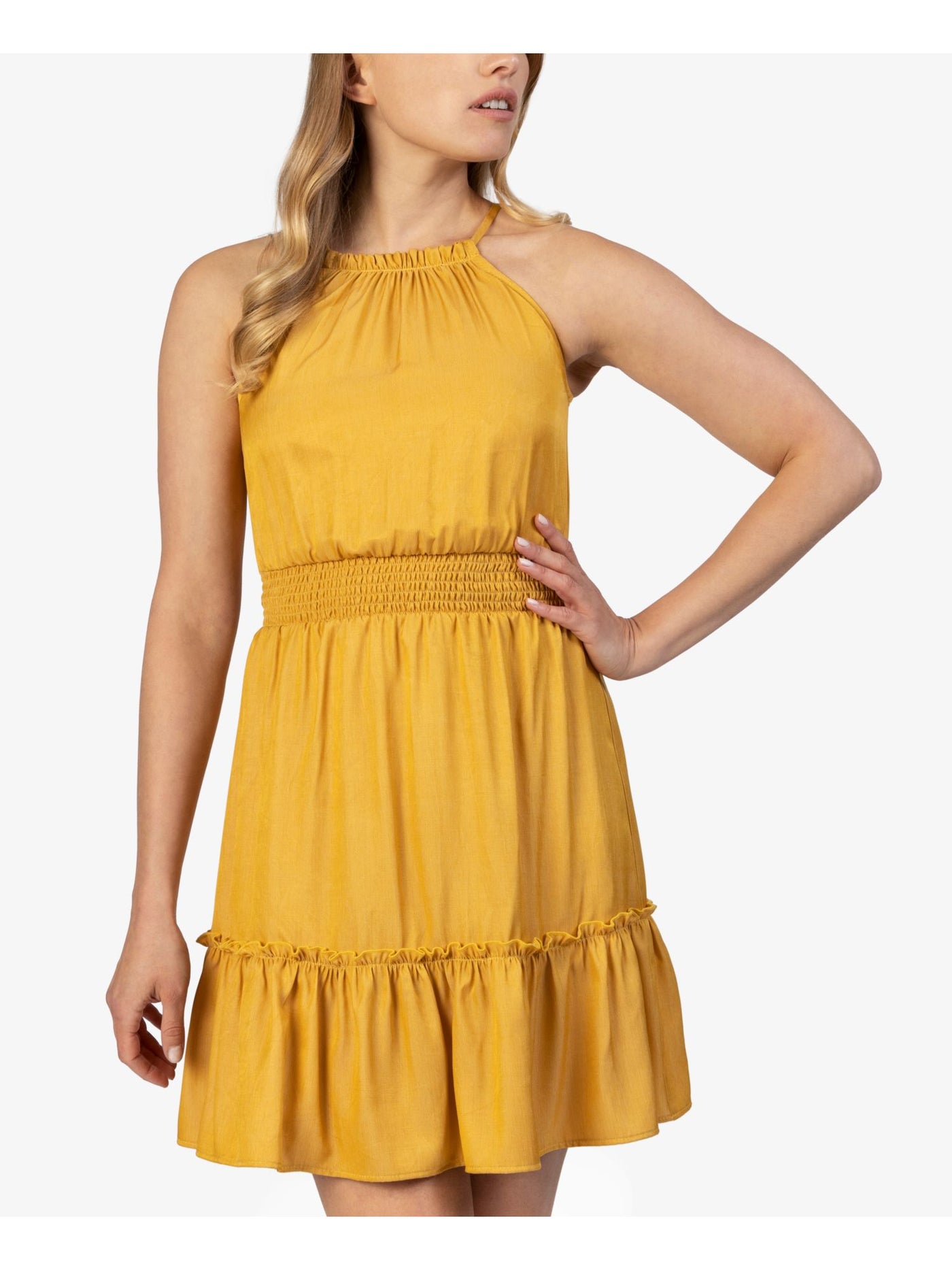 SPEECHLESS Womens Yellow Stretch Ruffled Smocked Sleeveless Halter Short Party Fit + Flare Dress S