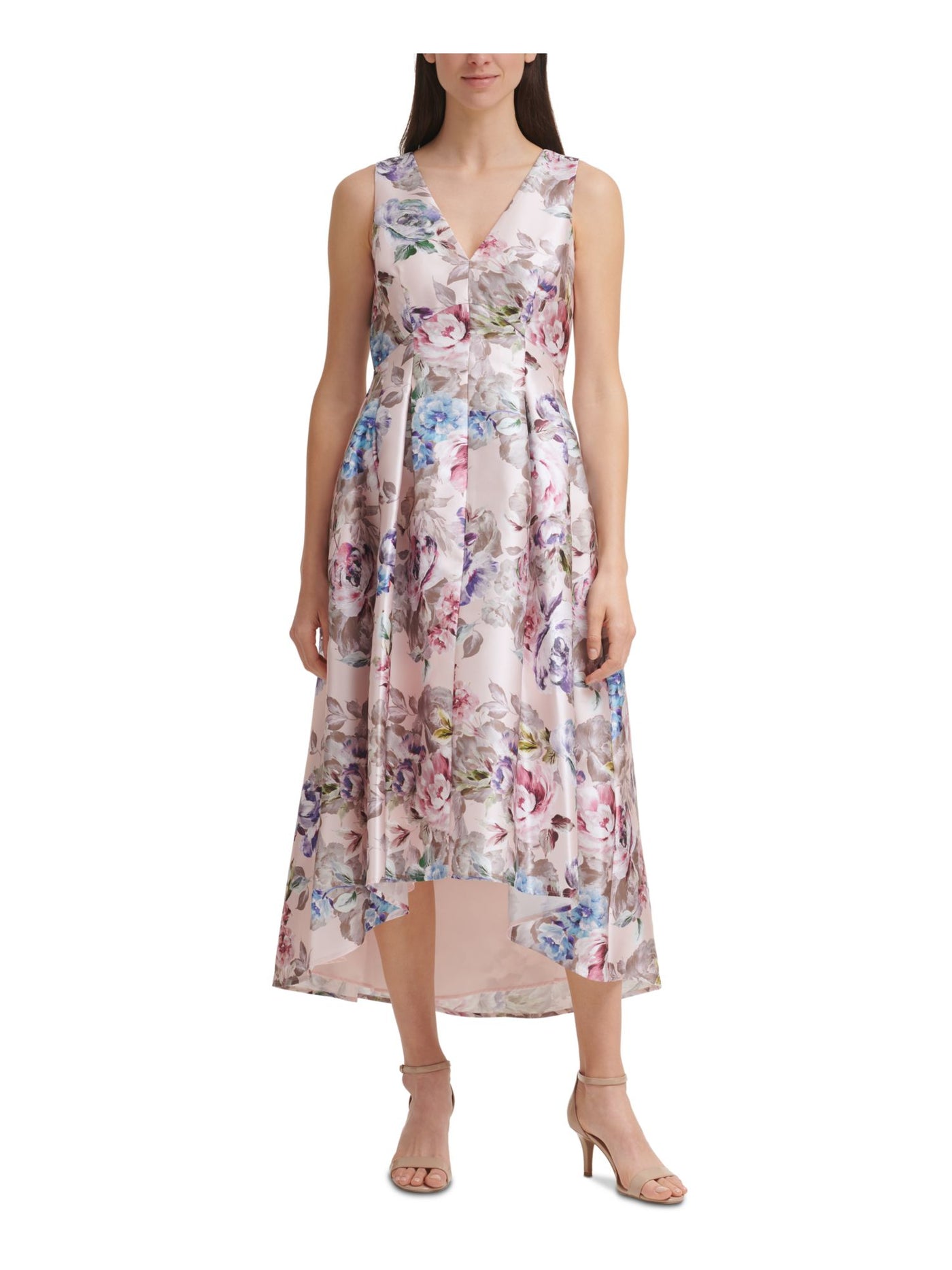 ELIZA J Womens Pink Zippered Textured Hi-lo Hem Lined Floral Sleeveless V Neck Midi Formal Fit + Flare Dress 4