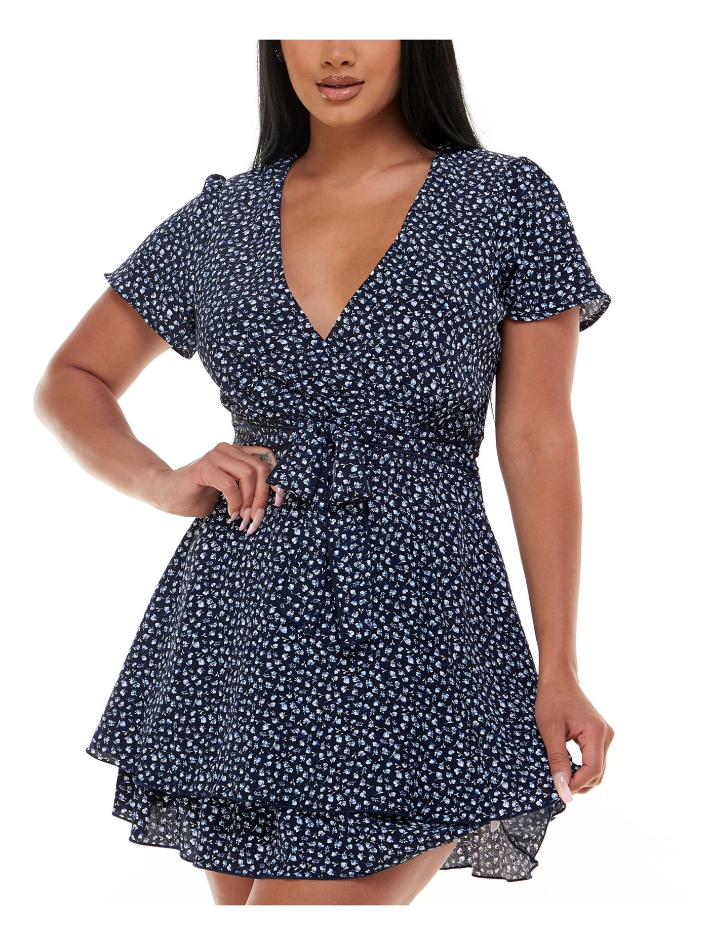 EMERALD SUNDAE Womens Navy Zippered Tie Ruffled Tiered Lined Printed Flutter Sleeve Surplice Neckline Short Evening Fit + Flare Dress 1