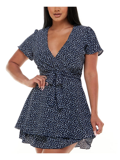 EMERALD SUNDAE Womens Navy Zippered Tie Ruffled Tiered Lined Printed Flutter Sleeve Surplice Neckline Short Evening Fit + Flare Dress 1