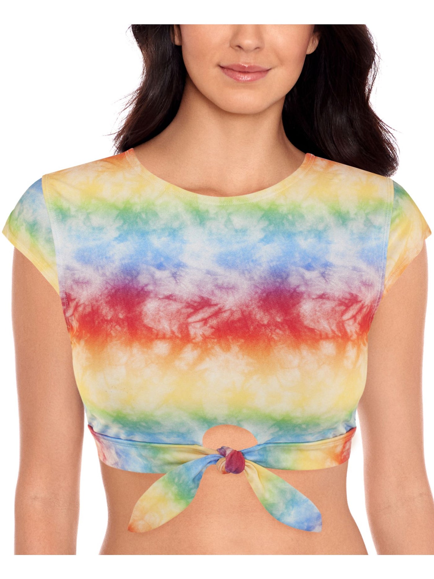 SALT + COVE Women's Multi Color Stretch Removable Cups Crewneck Tie Swimsuit Crop Top XS