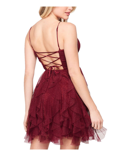 TEEZE ME Womens Maroon Stretch Glitter Zippered Adjustable Straps Spaghetti Strap V Neck Mini Party Layered Dress Juniors 15\16