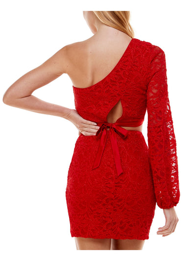 CITY STUDIO Womens Red Stretch Zippered Ruched Crop Lace Glitter Tie Slit Lined Blouson Sleeve Asymmetrical Neckline Mini Cocktail Body Con Dress 9