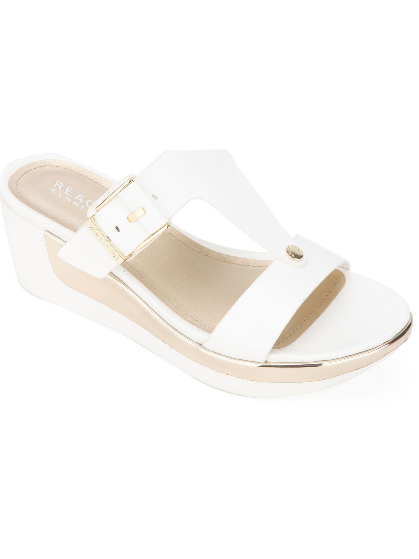 REACTION KENNETH COLE Womens White Buckle Accent 1" Platform Comfort T-Strap Pepea Round Toe Wedge Slip On Sandals 10 M