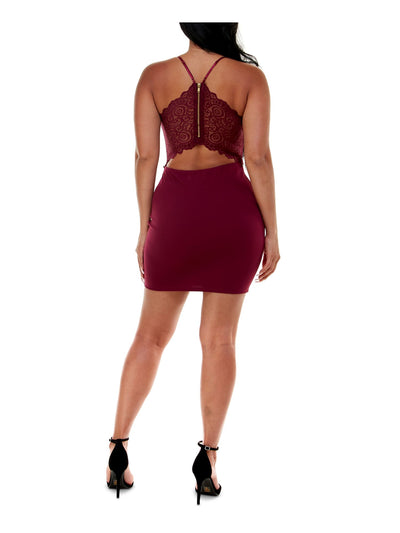 EMERALD SUNDAE Womens Maroon Stretch Zippered Lace Cut-out Back Cupped Spaghetti Strap Square Neck Short Party Body Con Dress XS