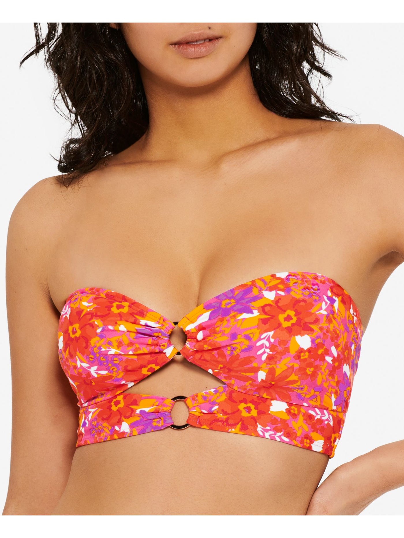 HULA HONEY Women's Orange Floral Stretch Cutout Rings Tie Back Lined Sweetheart Convertible Swimsuit Top S