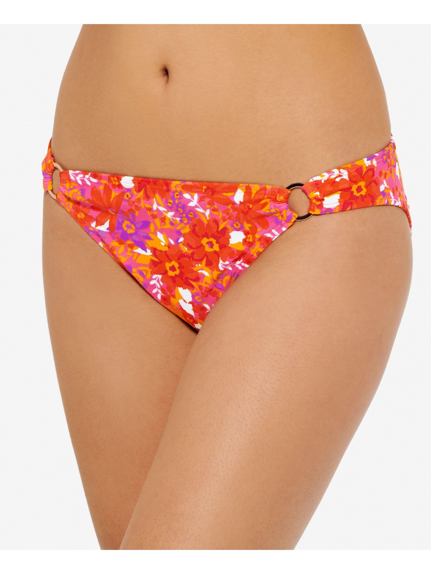 HULA HONEY Women's Orange Floral Ring Detail Lined Bold Bouquet Hipster Swimsuit Bottom XL