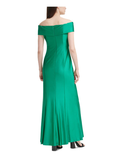 CALVIN KLEIN Womens Green Stretch Zippered Slitted Twist-front Short Sleeve Off Shoulder Maxi Evening Sheath Dress 2