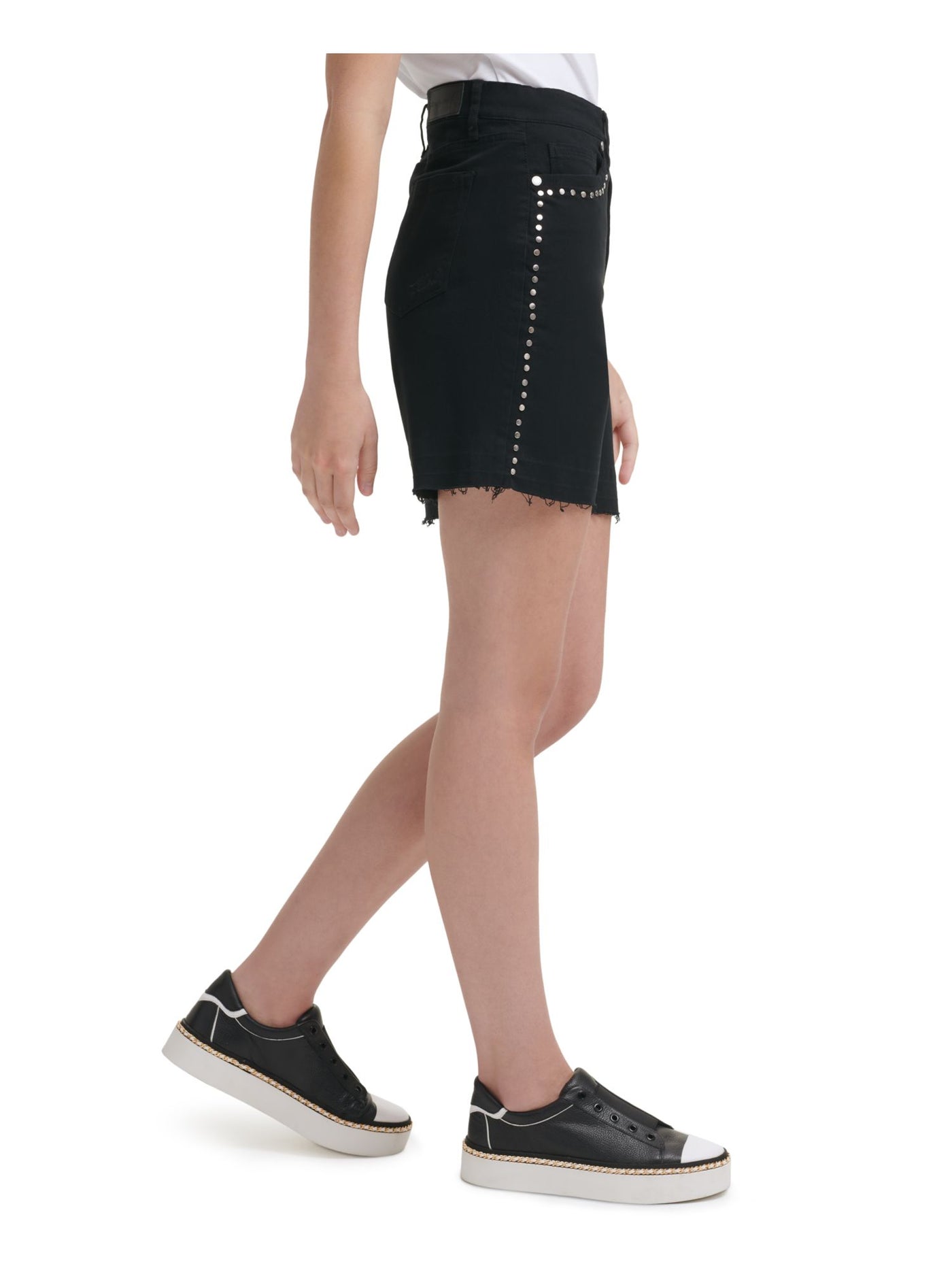 KARL LAGERFELD PARIS Womens Black Stretch Pocketed Zippered Studded Cutoff Frayed High Waist Shorts 8