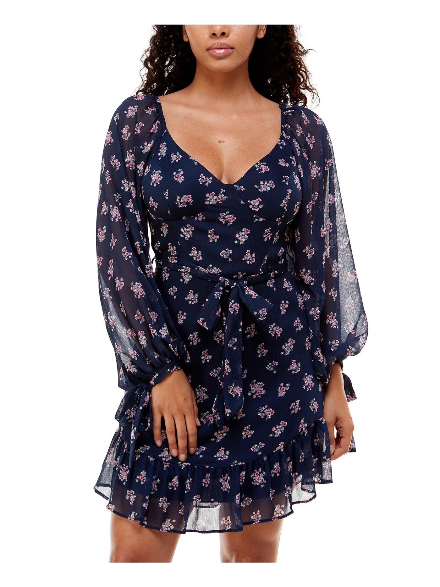 B DARLIN Womens Navy Zippered Sheer Ruffled Tie Sleeves Floral Balloon Sleeve V Neck Short Cocktail Fit + Flare Dress 1\2