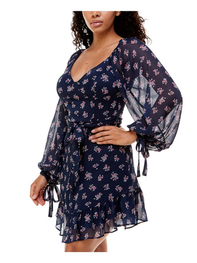 B DARLIN Womens Navy Zippered Sheer Ruffled Tie Sleeves Floral Balloon Sleeve V Neck Short Cocktail Fit + Flare Dress 1\2