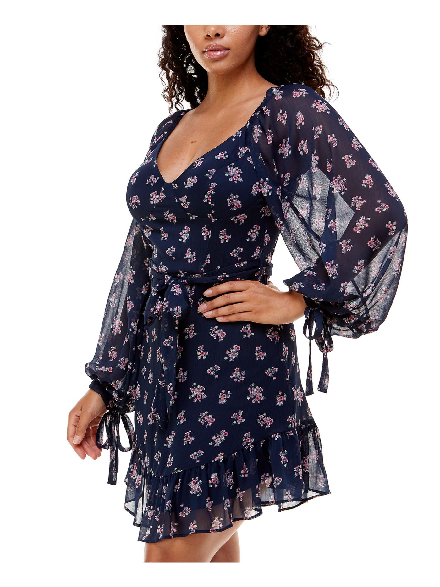 B DARLIN Womens Navy Zippered Sheer Ruffled Tie Sleeves Floral Balloon Sleeve V Neck Short Cocktail Fit + Flare Dress 11\12