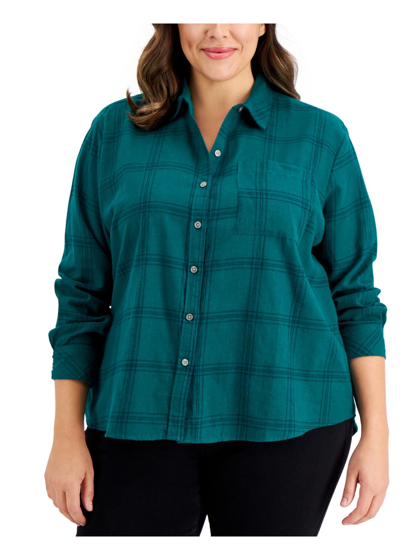 STYLE & COMPANY Womens Green Pocketed Step Hem Plaid Cuffed Sleeve Point Collar Button Up Top Plus 2X