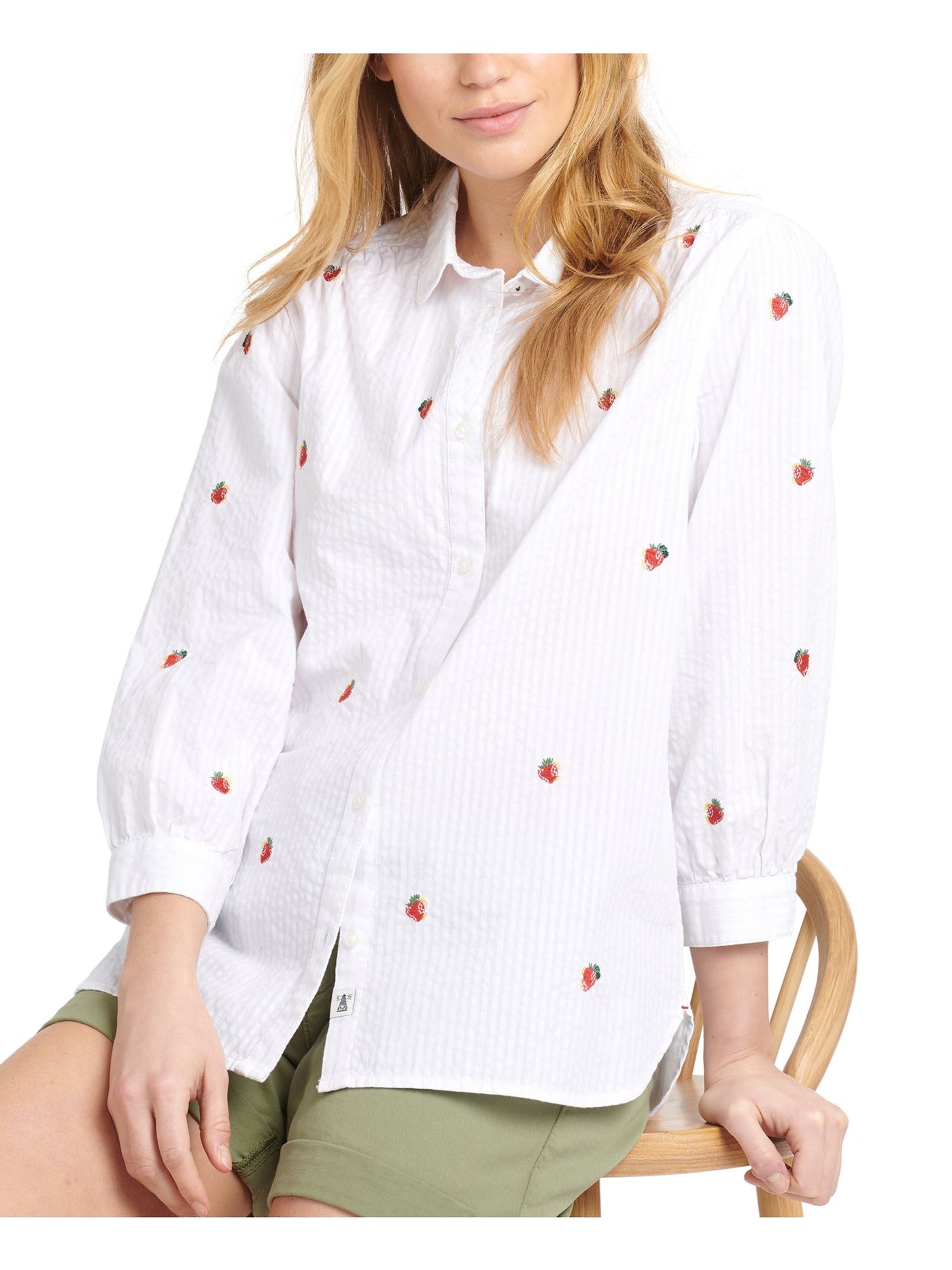 BARBOUR Womens White Textured Embroidered Cuffed Curved Hem Slitted Striped 3/4 Sleeve Collared Button Up Top 6