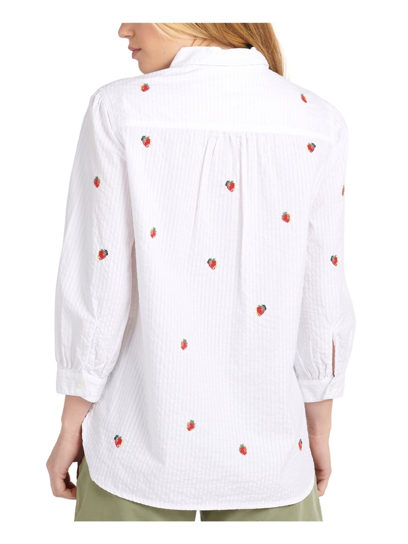 BARBOUR Womens White Textured Embroidered Cuffed Curved Hem Slitted Striped 3/4 Sleeve Collared Button Up Top 14