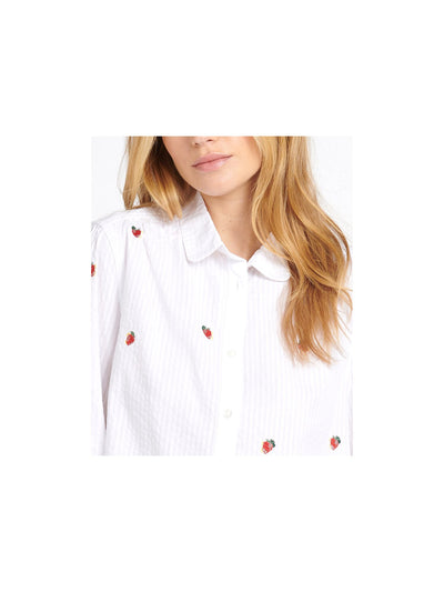 BARBOUR Womens White Textured Embroidered Cuffed Curved Hem Slitted Striped 3/4 Sleeve Collared Button Up Top 10