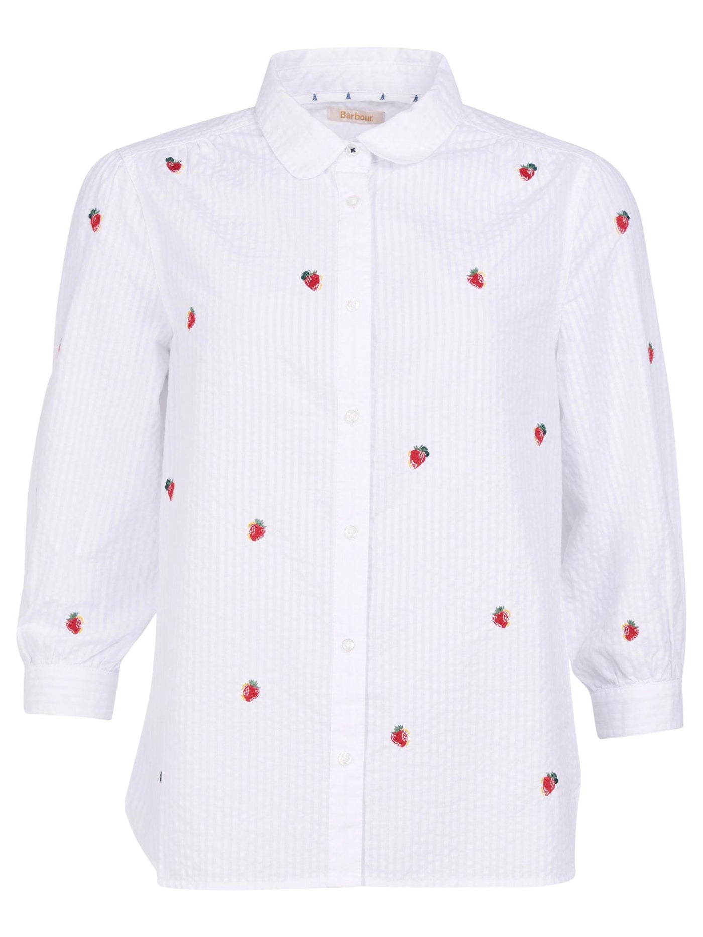 BARBOUR Womens White Textured Embroidered Cuffed Curved Hem Slitted Striped 3/4 Sleeve Collared Button Up Top 14