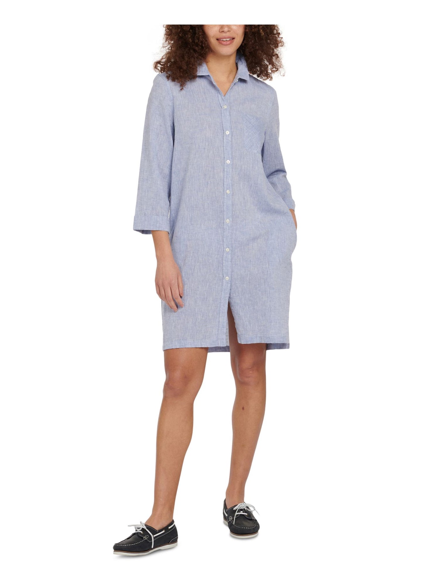 BARBOUR Womens Blue Cotton Blend Pocketed Heather Point Collar Above The Knee Shirt Dress 8