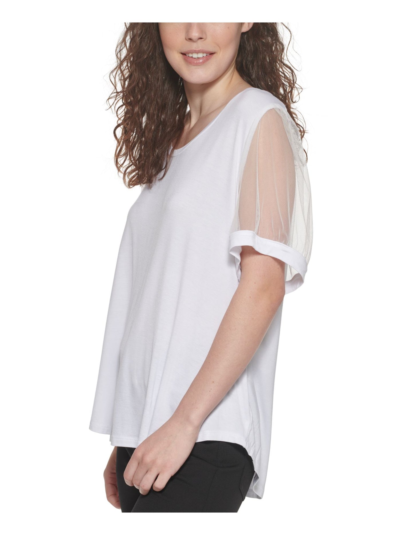 DKNY Womens White Stretch Pouf Scoop Neck Top M