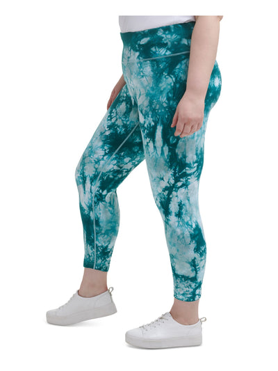 CALVIN KLEIN PERFORMANCE Womens Teal Stretch Pocketed Pull-on Style Tie Dye Active Wear Skinny Leggings Plus 2X