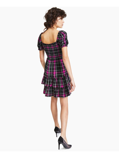 BAR III Womens Black Smocked Plaid Pouf Sleeve Sweetheart Neckline Short Party Ruffled Dress XS