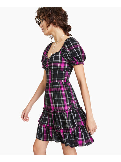 BAR III Womens Black Smocked Plaid Pouf Sleeve Sweetheart Neckline Short Party Ruffled Dress XS