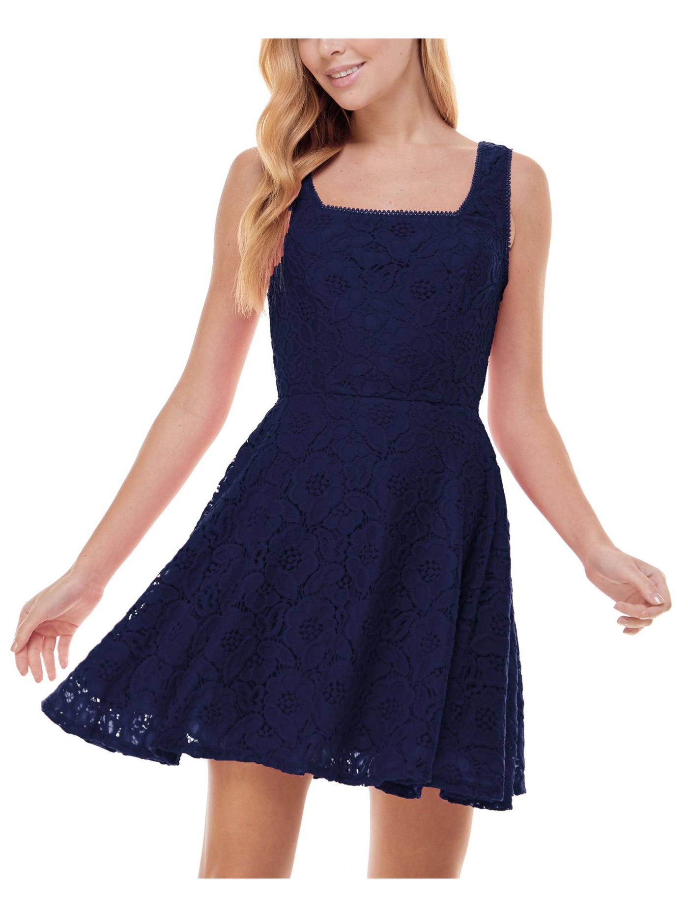 CITY STUDIO Womens Navy Lace Zippered Fitted Lined Sleeveless Square Neck Mini Party Fit + Flare Dress 1