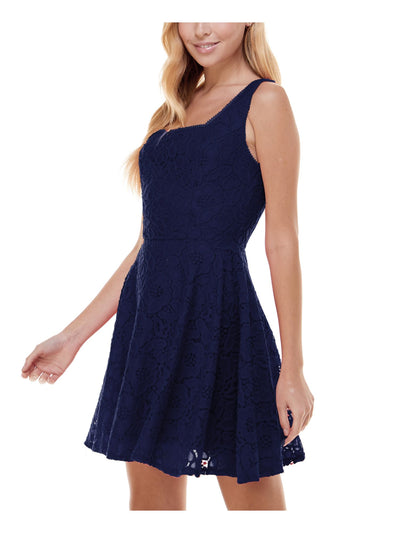 CITY STUDIO Womens Navy Lace Zippered Fitted Lined Sleeveless Square Neck Mini Party Fit + Flare Dress 1