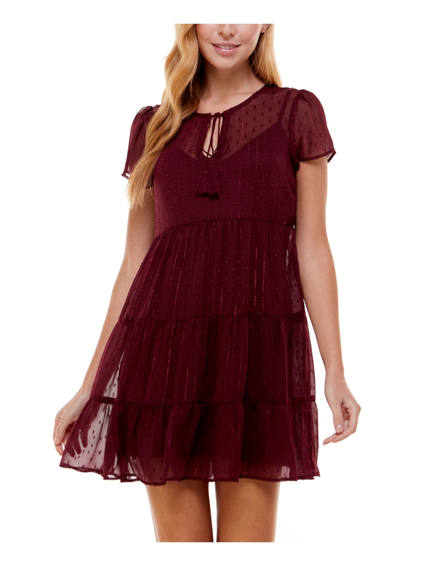 CITY STUDIO Womens Burgundy Ruffled Metallic Sheer Lined Short Sleeve Tie Neck Mini Party Baby Doll Dress XXS