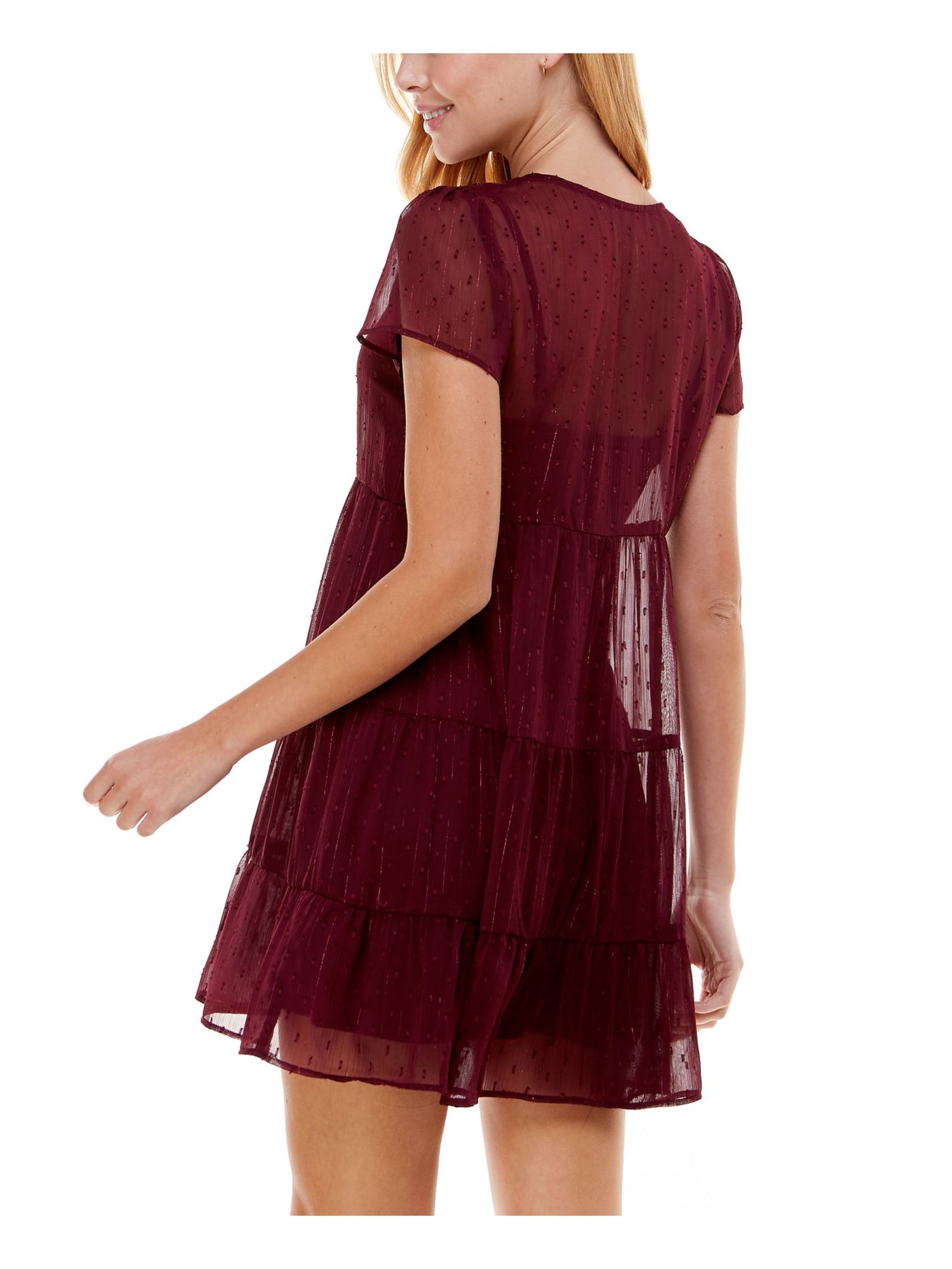 CITY STUDIO Womens Burgundy Ruffled Metallic Sheer Lined Short Sleeve Tie Neck Mini Party Baby Doll Dress S