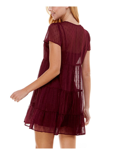 CITY STUDIO Womens Burgundy Ruffled Metallic Sheer Lined Short Sleeve Tie Neck Mini Party Baby Doll Dress XS