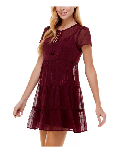 CITY STUDIO Womens Burgundy Ruffled Metallic Sheer Lined Short Sleeve Tie Neck Mini Party Baby Doll Dress S